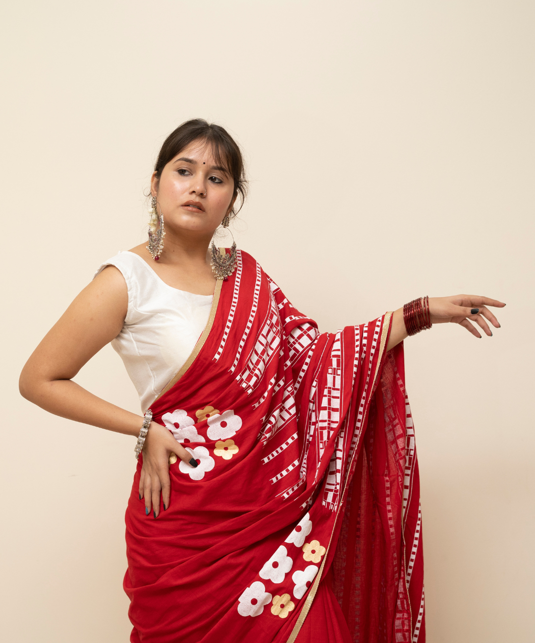 Red blockprinted cotton mulmul saree