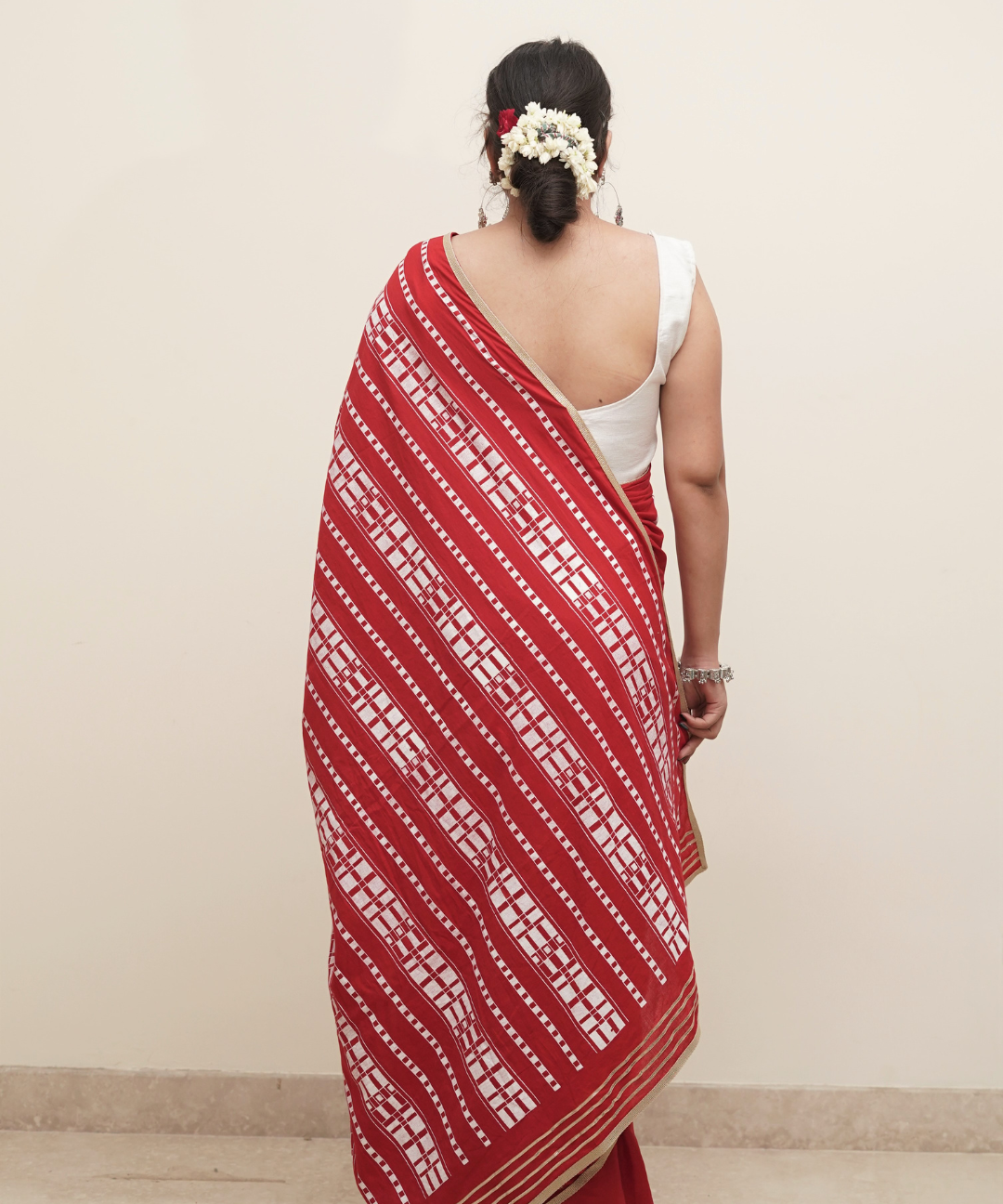 Red blockprinted cotton mulmul saree