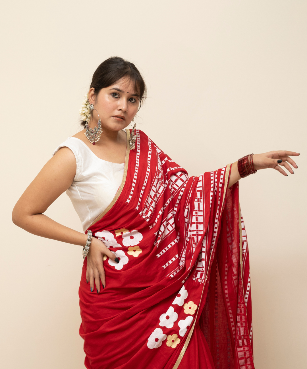 Red blockprinted cotton mulmul saree