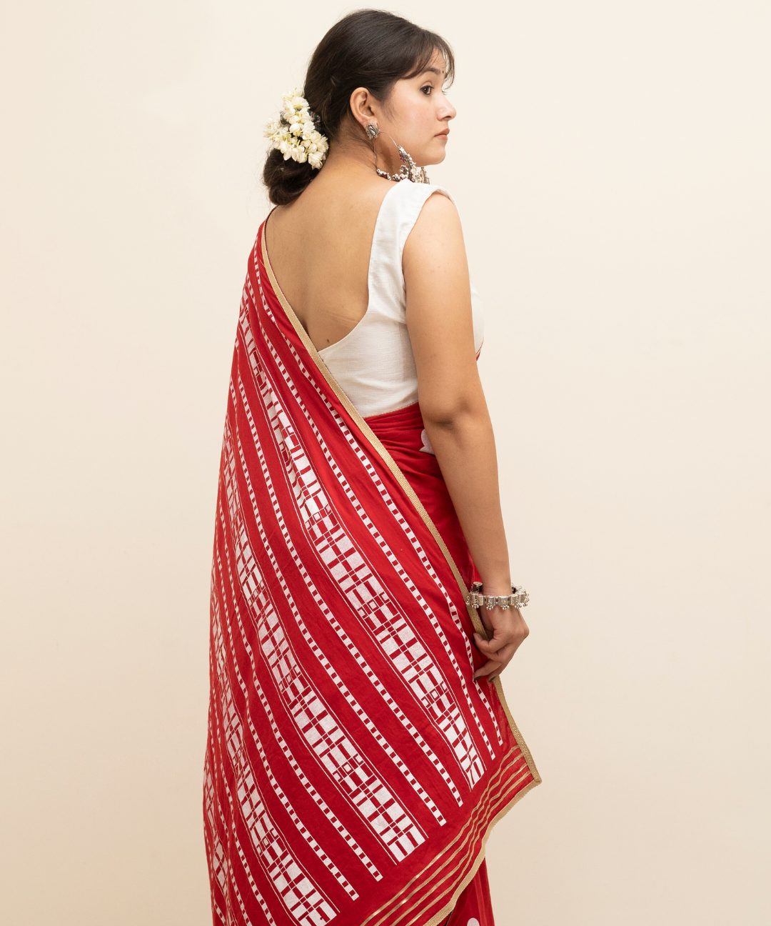 Red blockprinted cotton mulmul saree