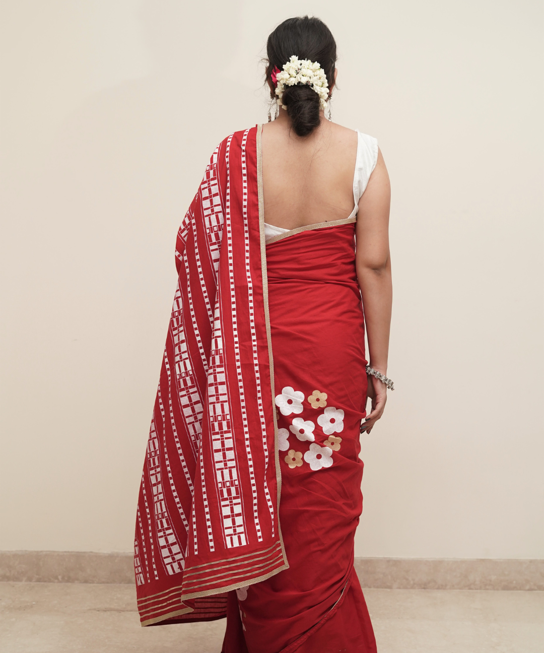 Red blockprinted cotton mulmul saree