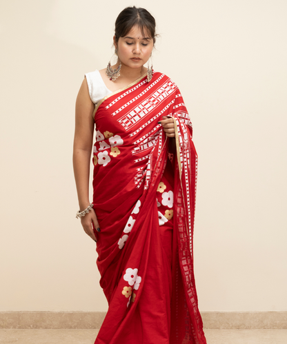Red blockprinted cotton mulmul saree