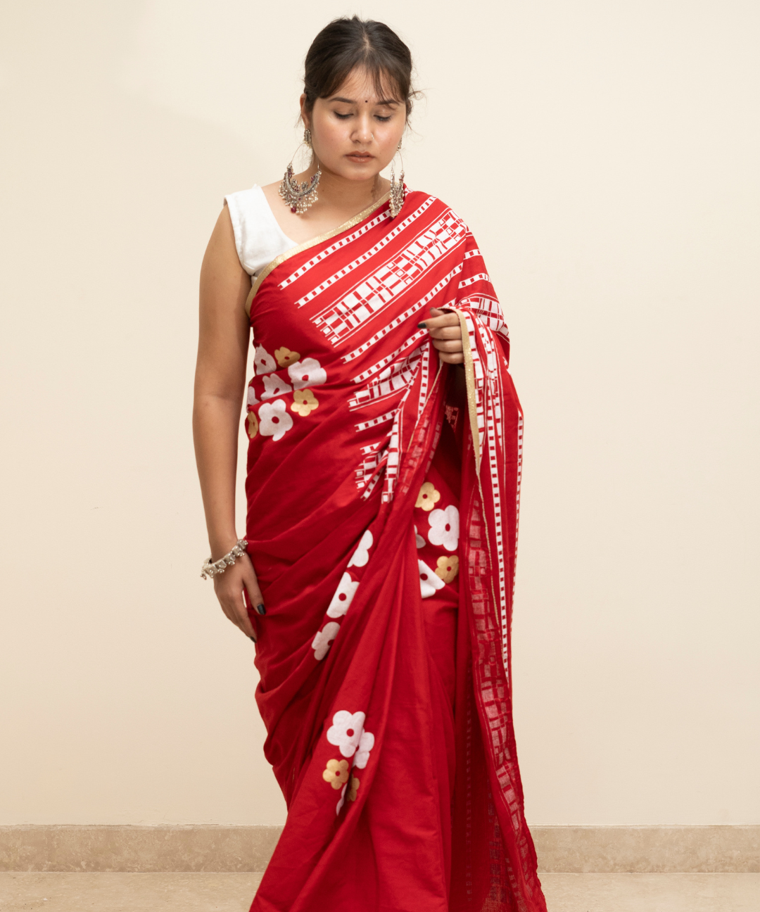 Red blockprinted cotton mulmul saree
