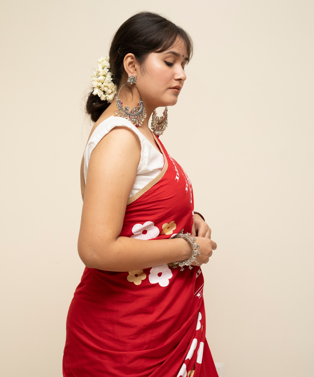 Red blockprinted cotton mulmul saree