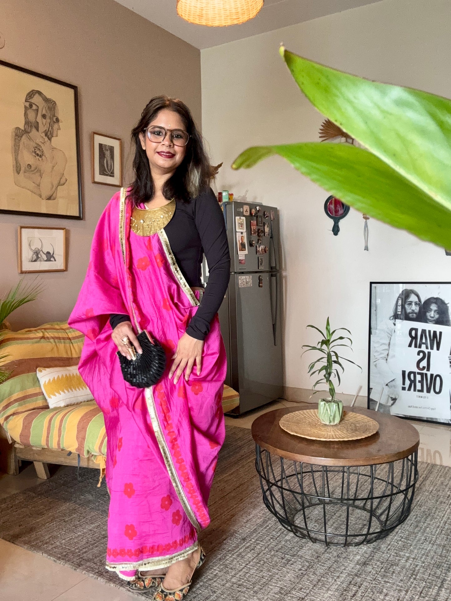 Rani pink blockprinted chanderi silk saree