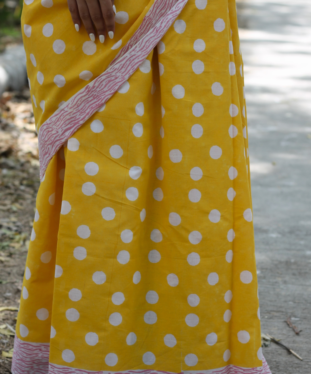 White yellow summer dream block printed mulmul saree