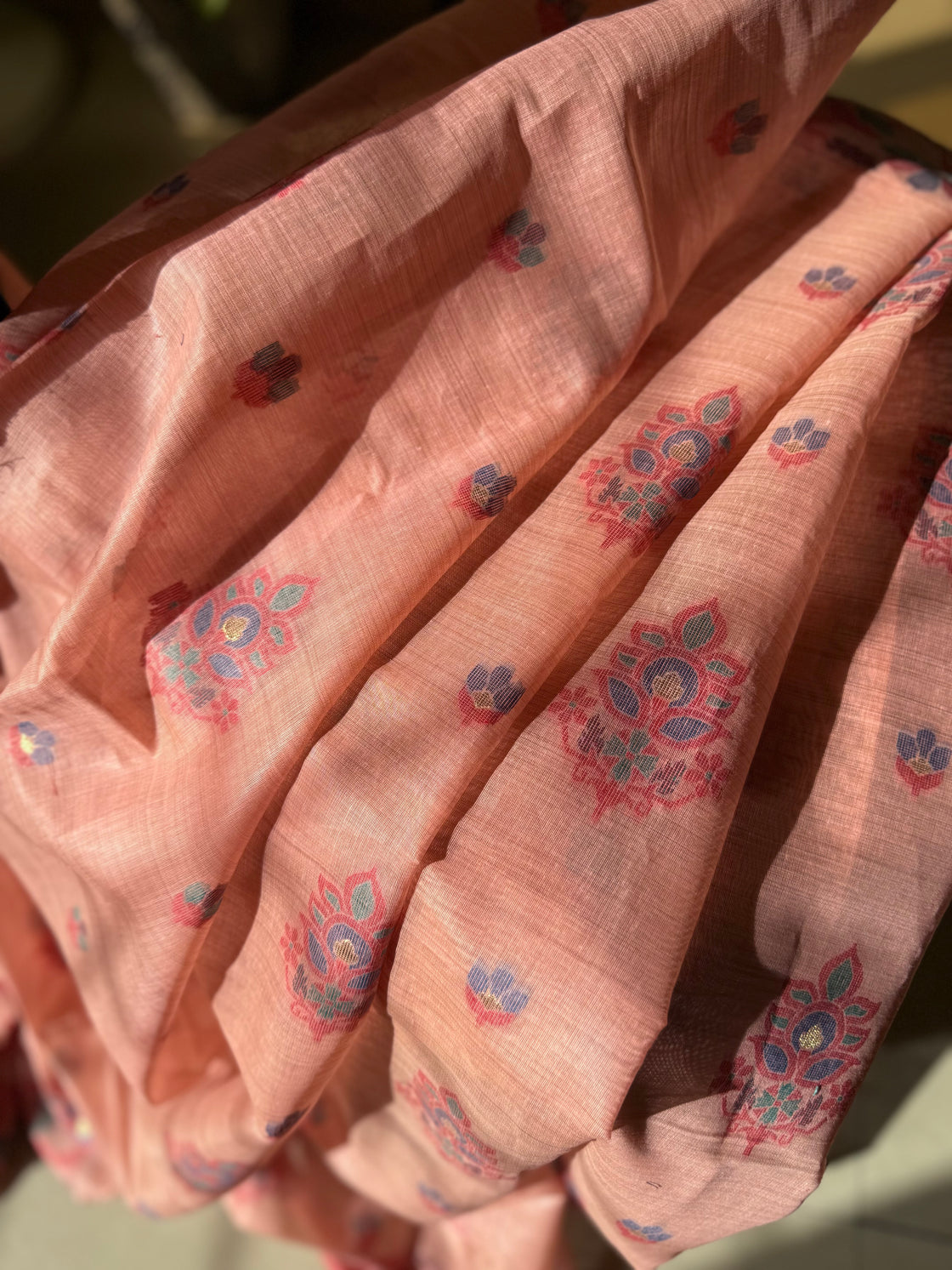 Peach chanderi cotton jamdani saree