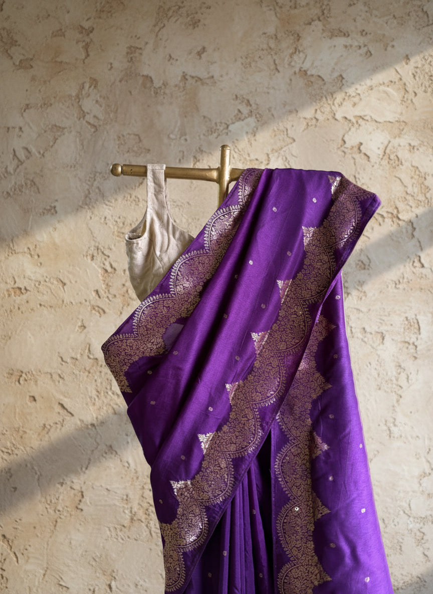 Purple saree with gold patterns draped over a wooden hanger against a plain wall.