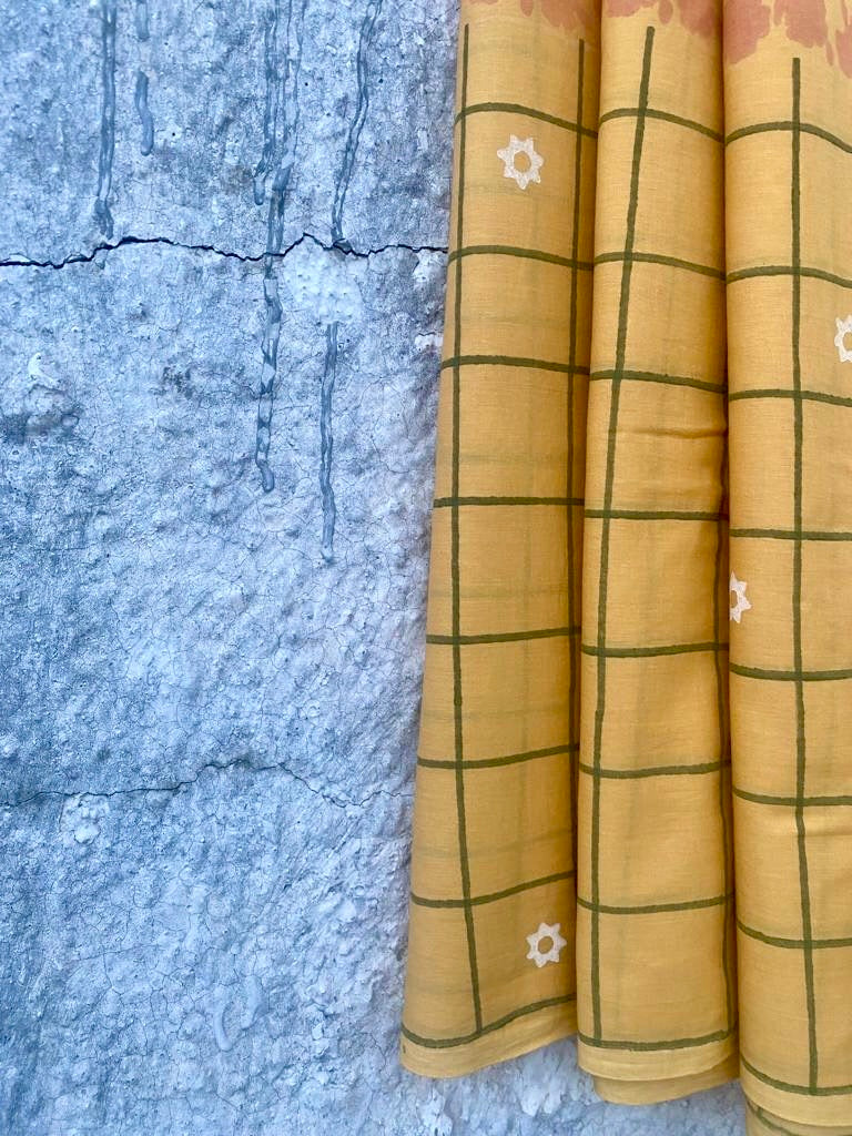 Mustard yellow cotton mulmul blockprinted saree