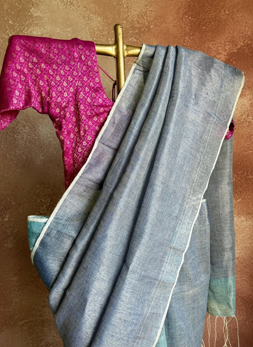 Blue linen zari saree