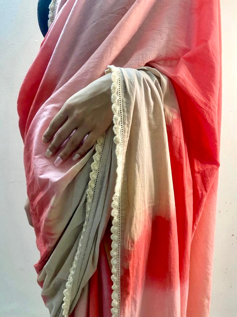 Pink red ombré cotton mulmul saree