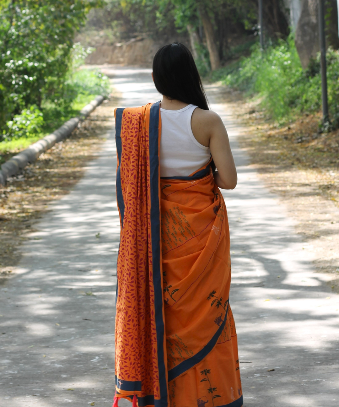 Orange summer candy block printed mulmul saree