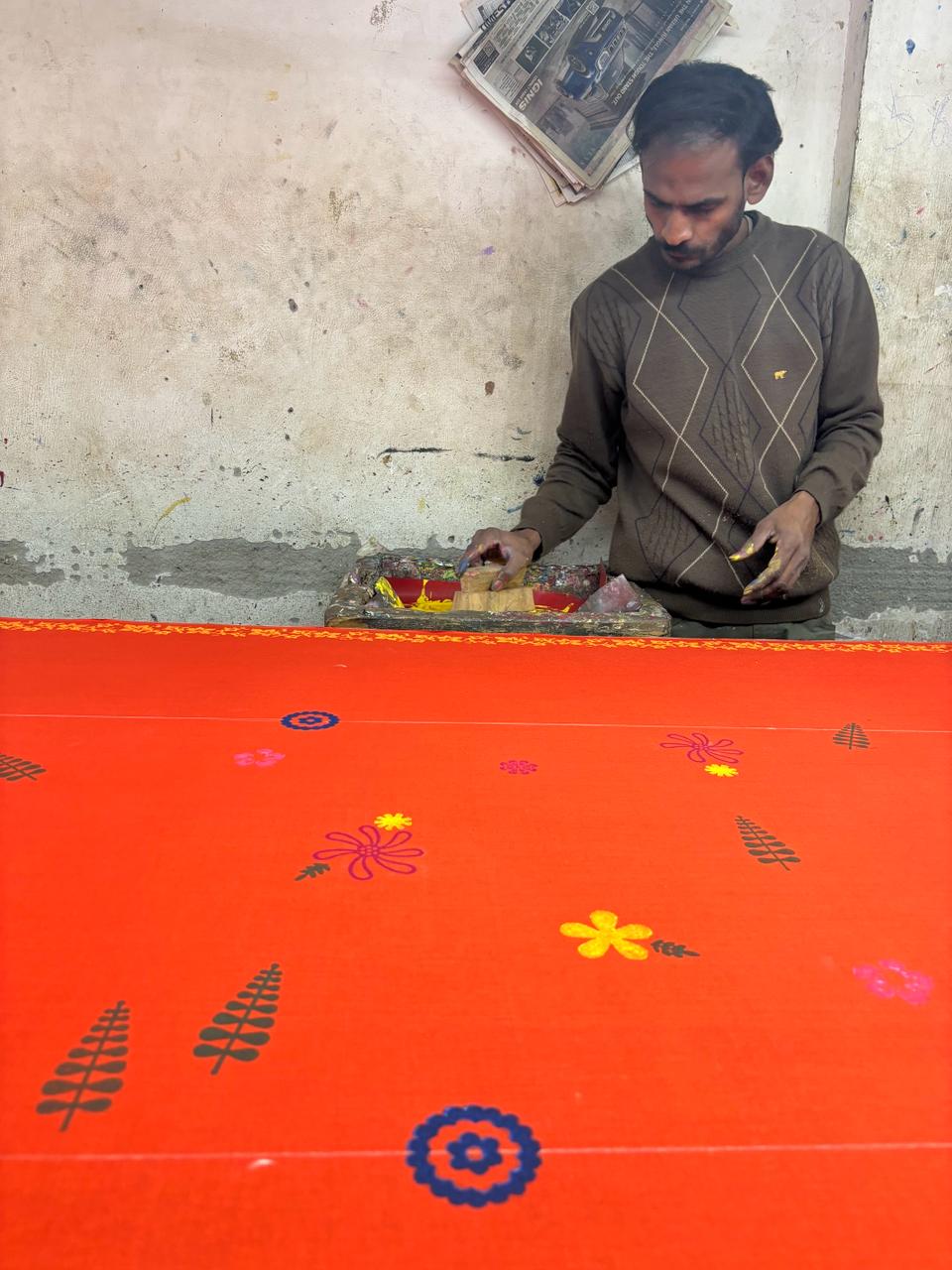Orange pink blockprinted mulmul saree
