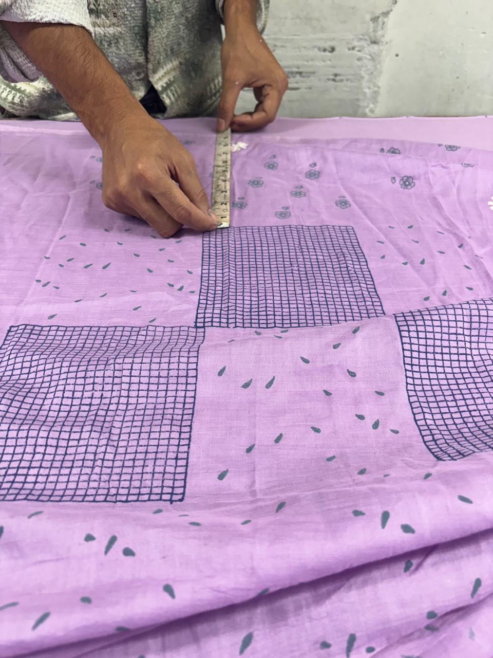Lavender summer dew block printed mulmul saree