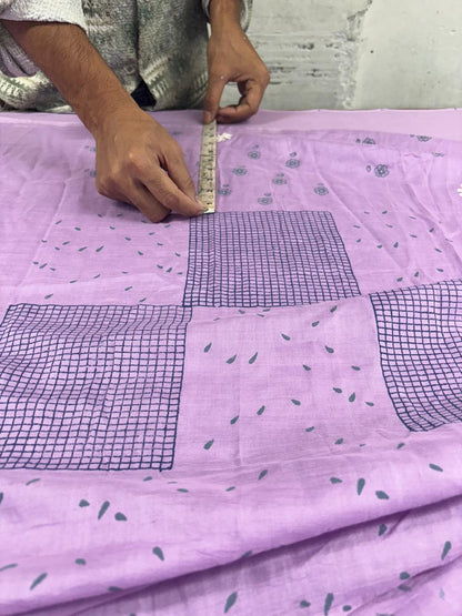 Lavender summer dew block printed mulmul saree
