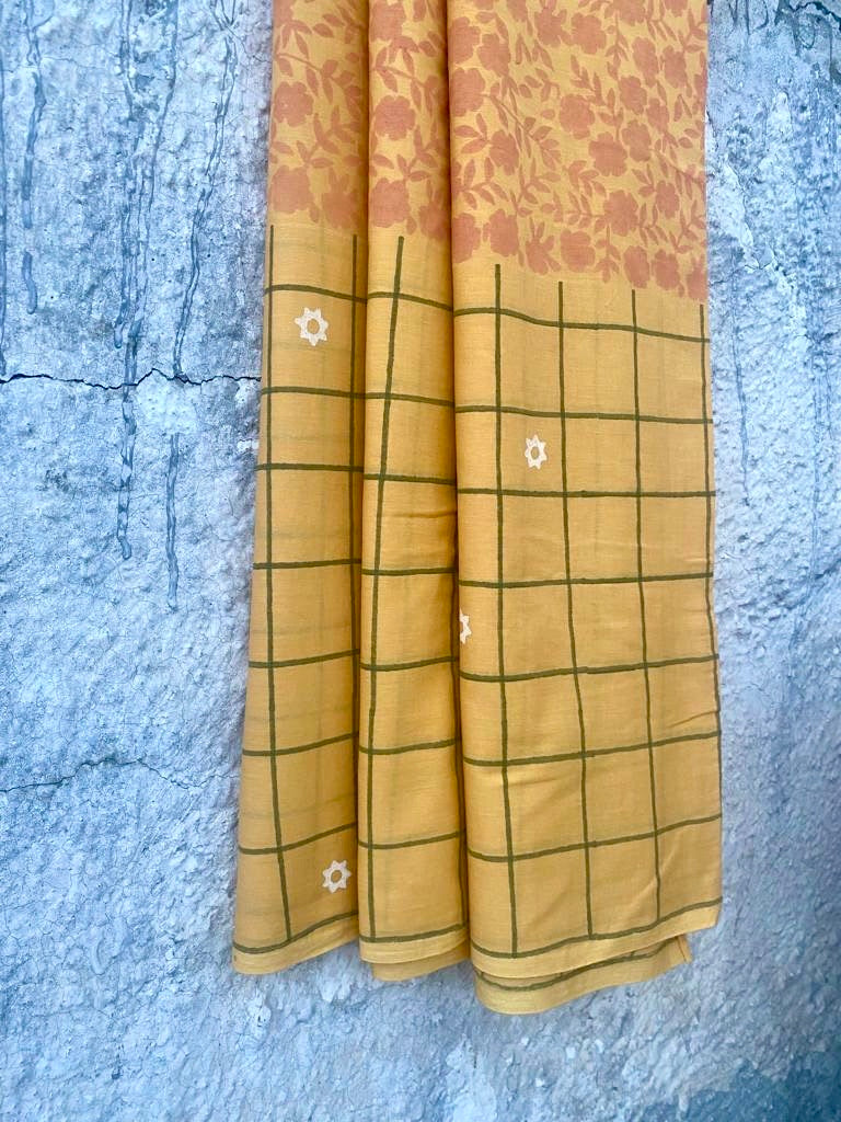 Mustard yellow cotton mulmul blockprinted saree