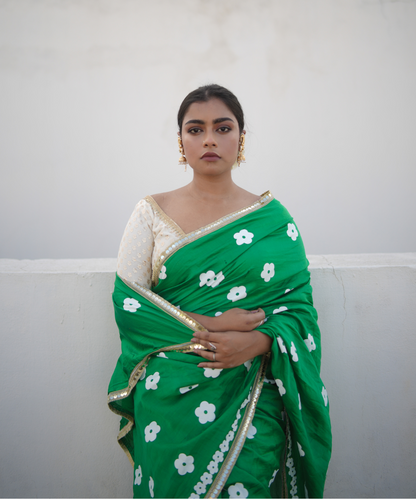 Green blockprinted chanderi silk saree