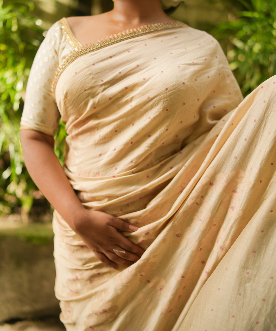 Beige blockprinted chanderi silk saree