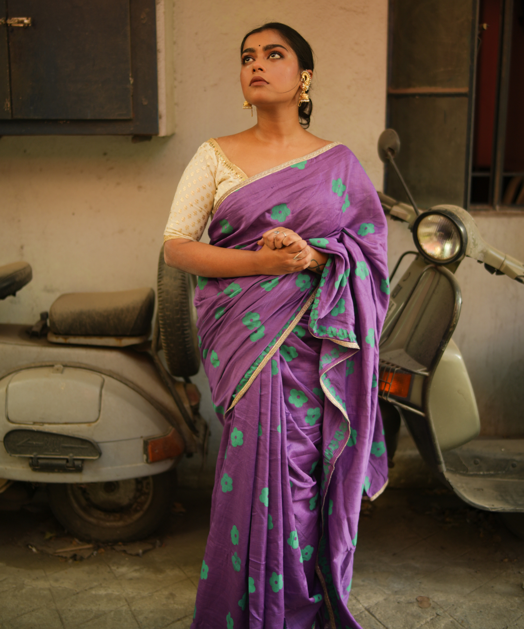 Purple blockprinted chanderi silk saree