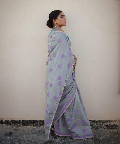 Grey blockprinted chanderi silk saree