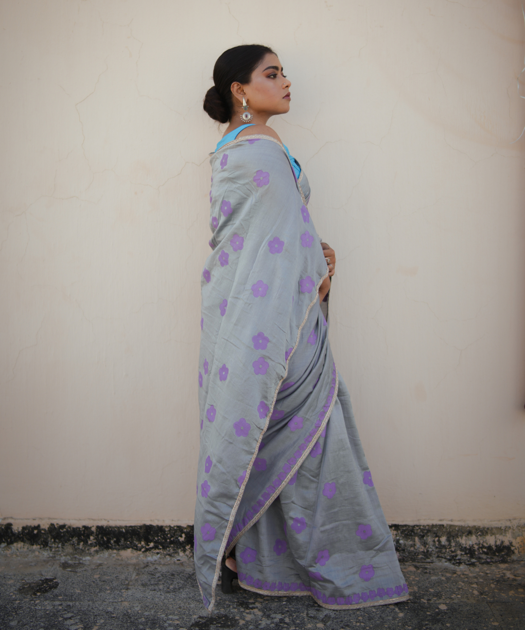 Grey blockprinted chanderi silk saree