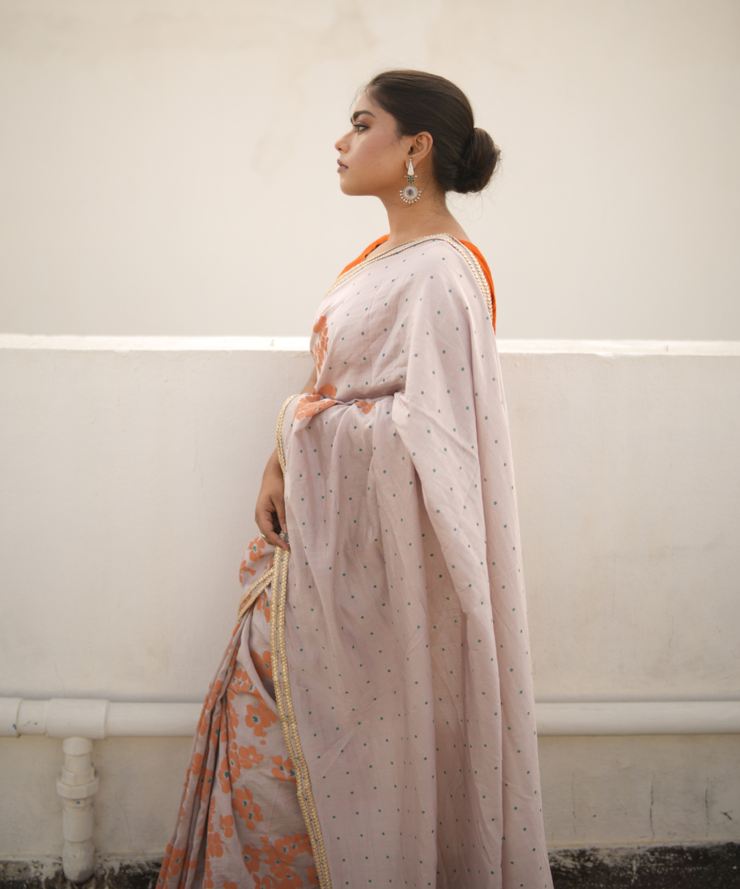 Orange blockprinted chanderi silk saree