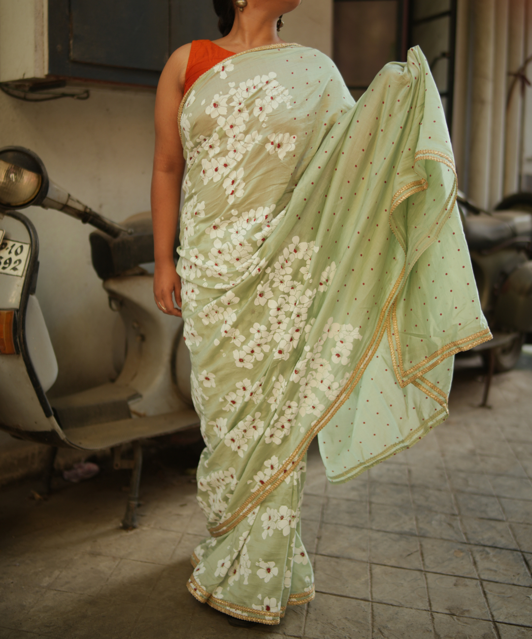 Mint blockprinted chanderi silk saree