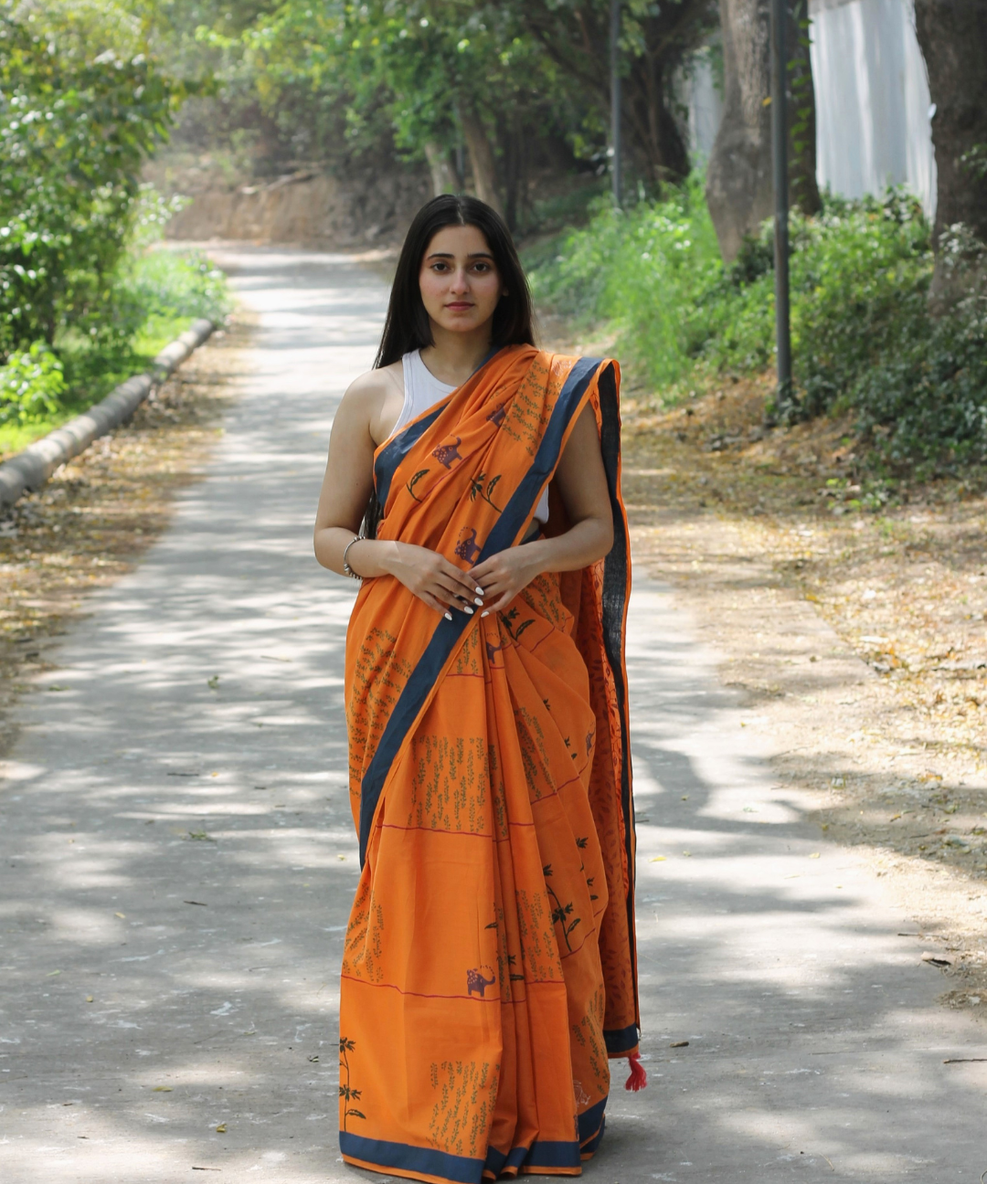 Orange summer candy block printed mulmul saree