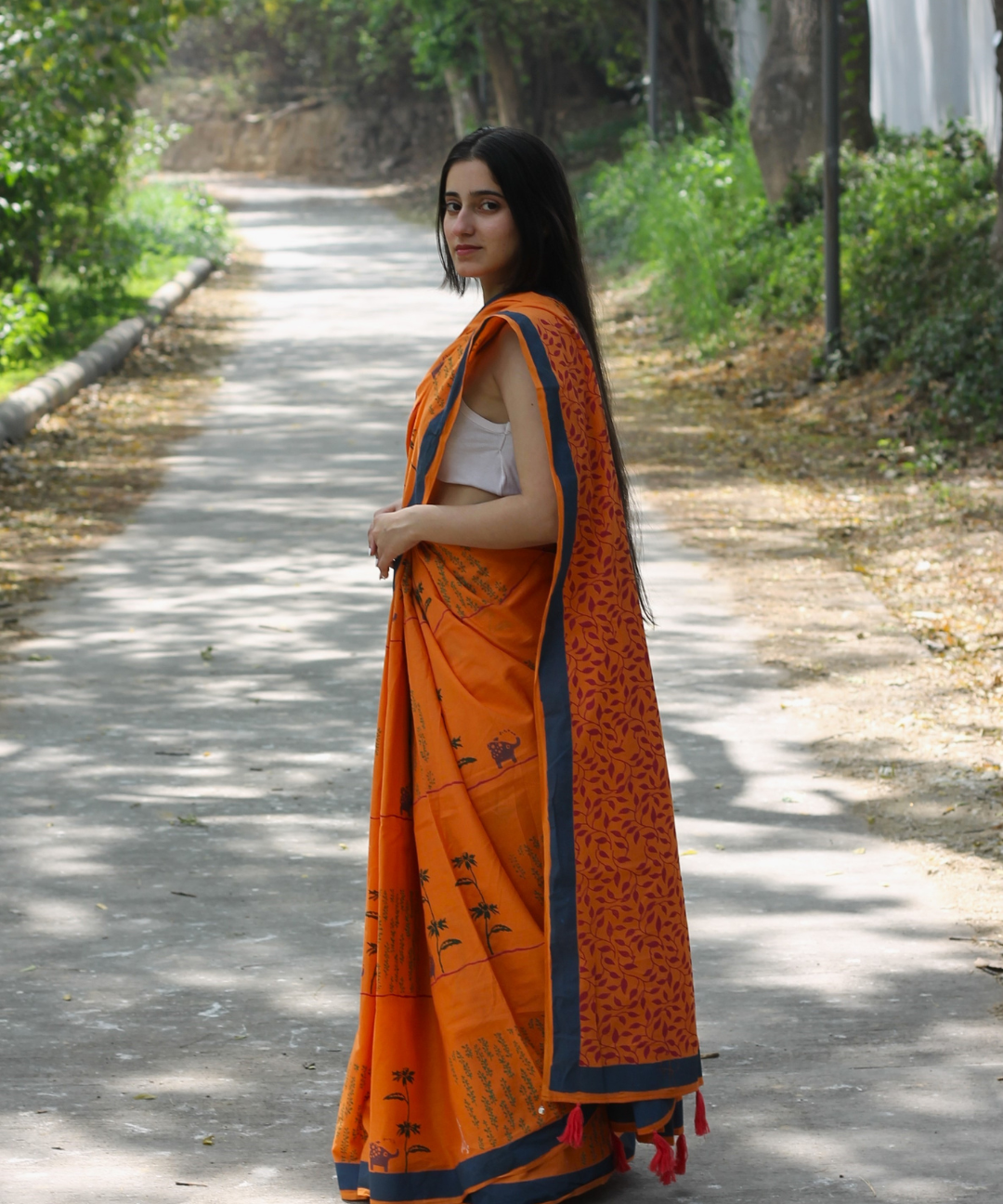 Orange summer candy block printed mulmul saree
