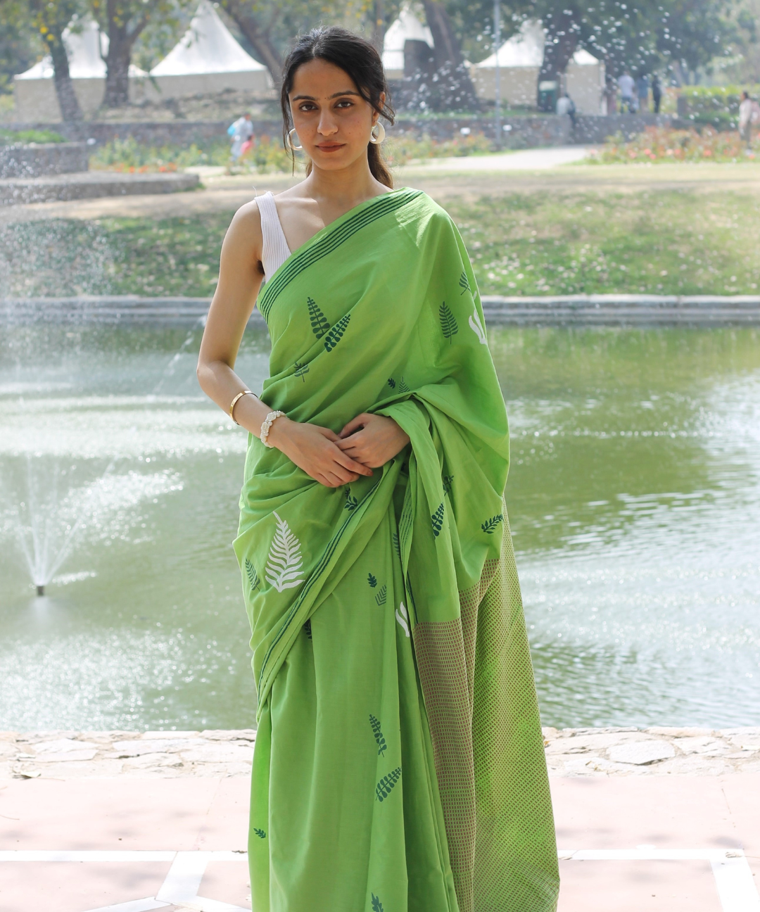Green summer breeze block printed mulmul saree