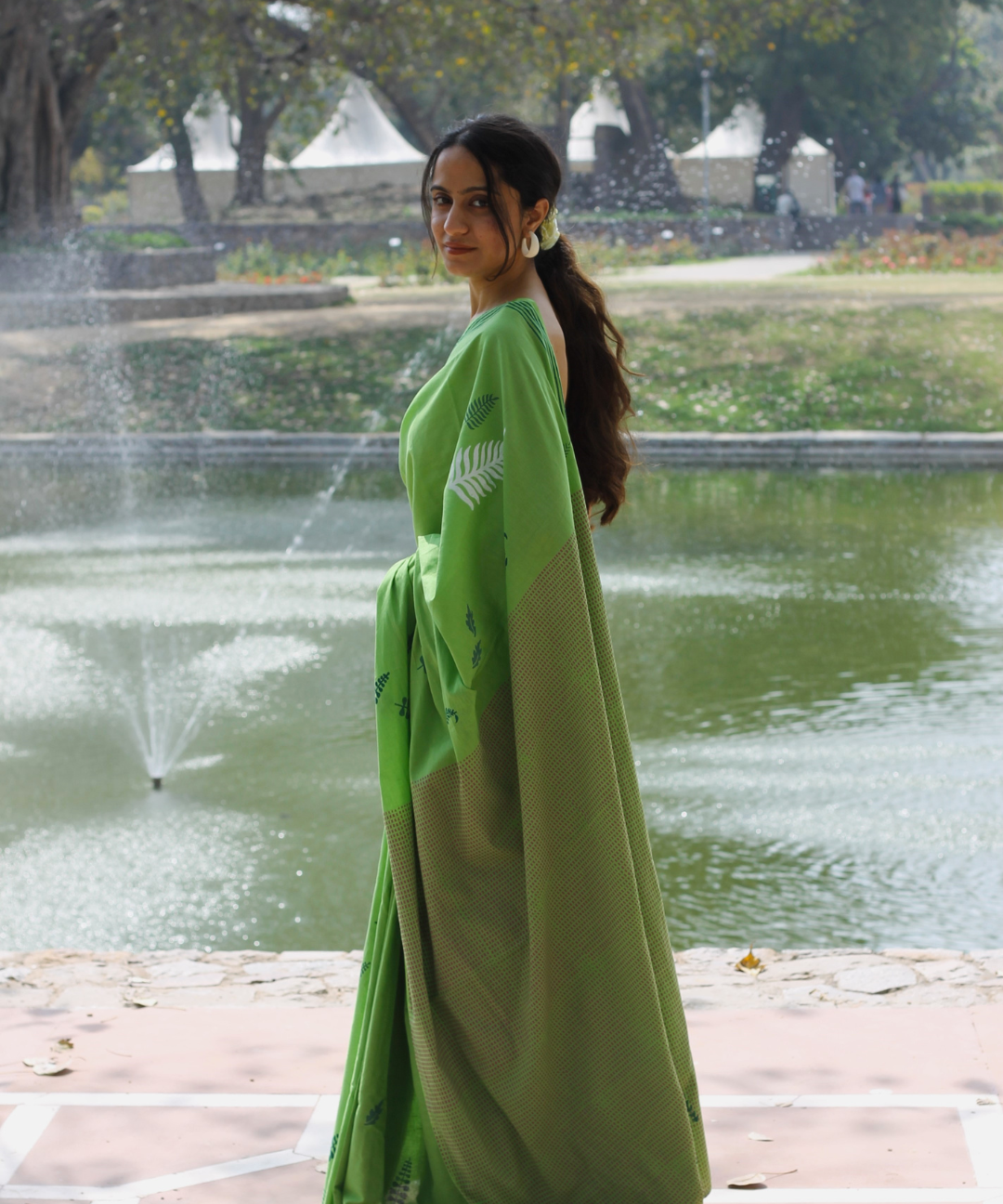 Green summer breeze block printed mulmul saree