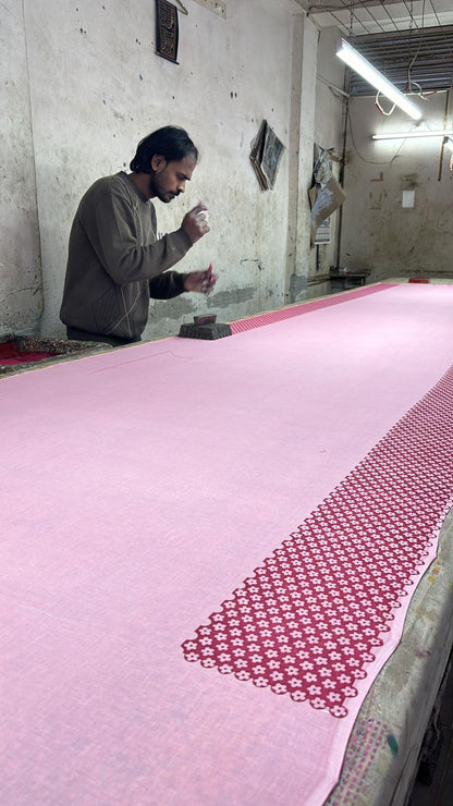 Pink summer soul block printed mulmul saree