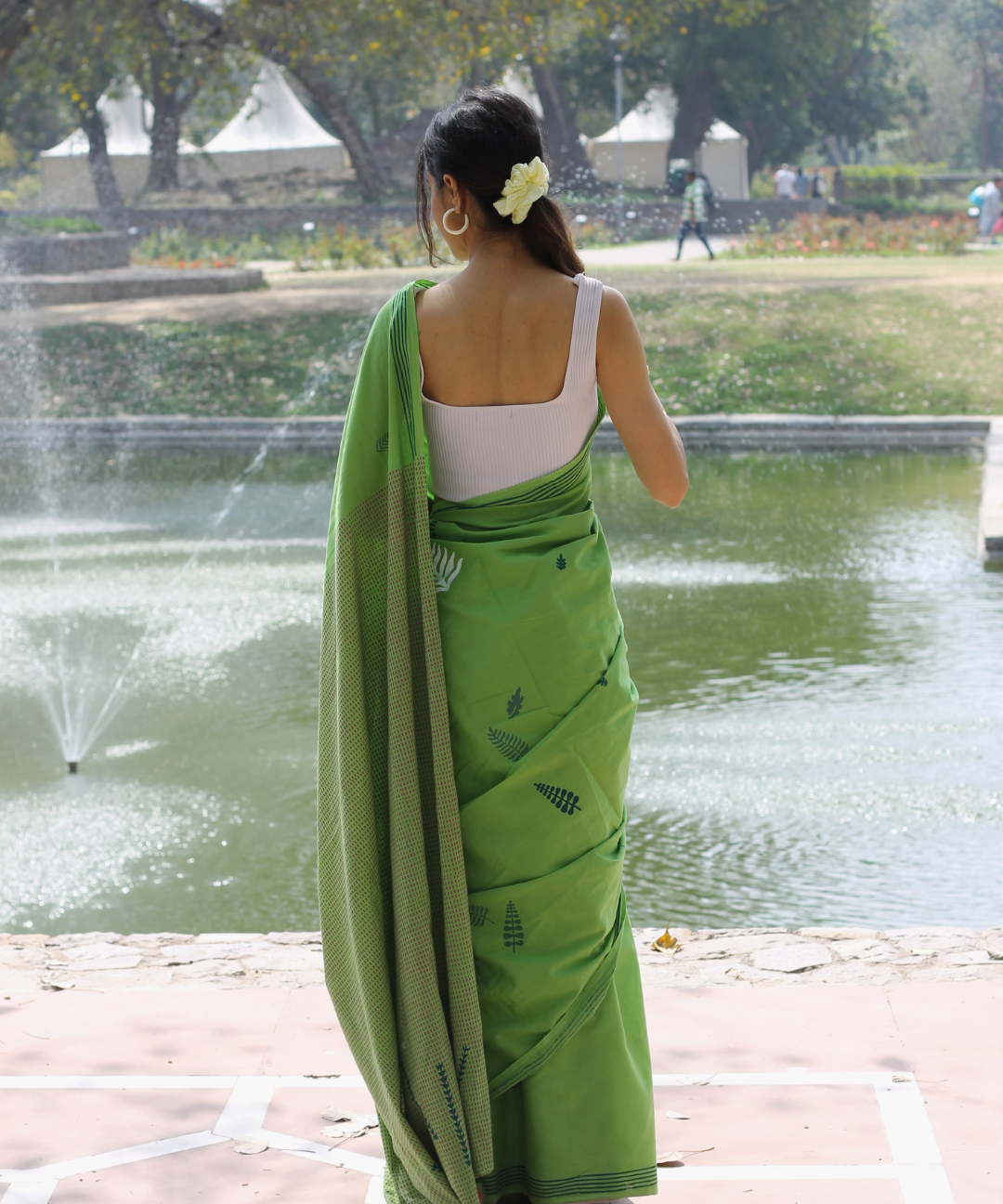 Green summer breeze block printed mulmul saree