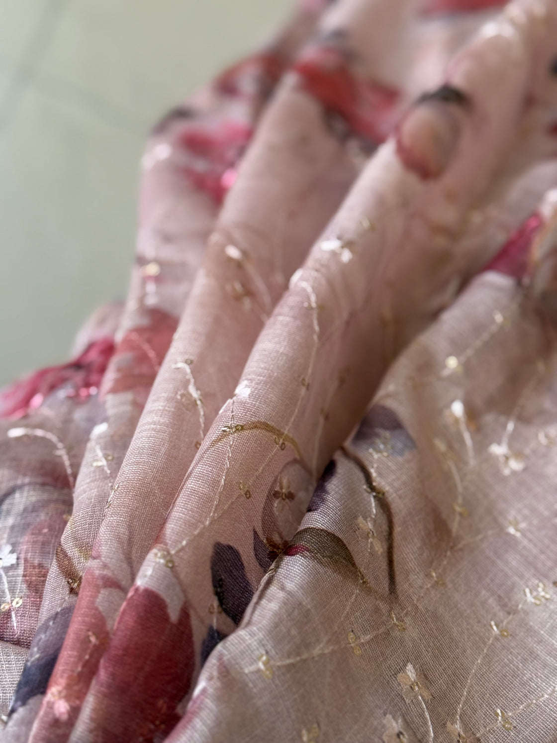 Light pink thread embroidered saree