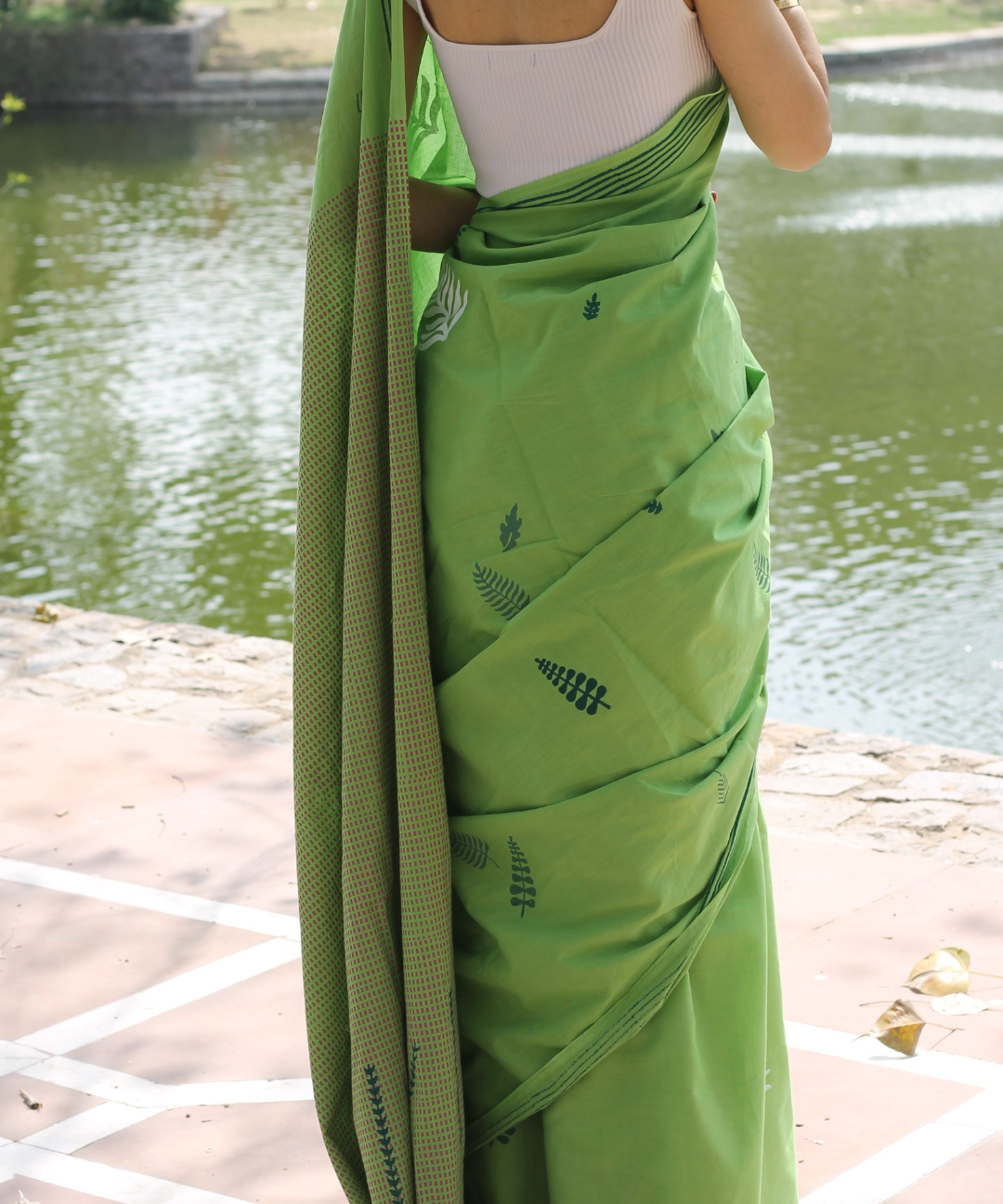 Green summer breeze block printed mulmul saree