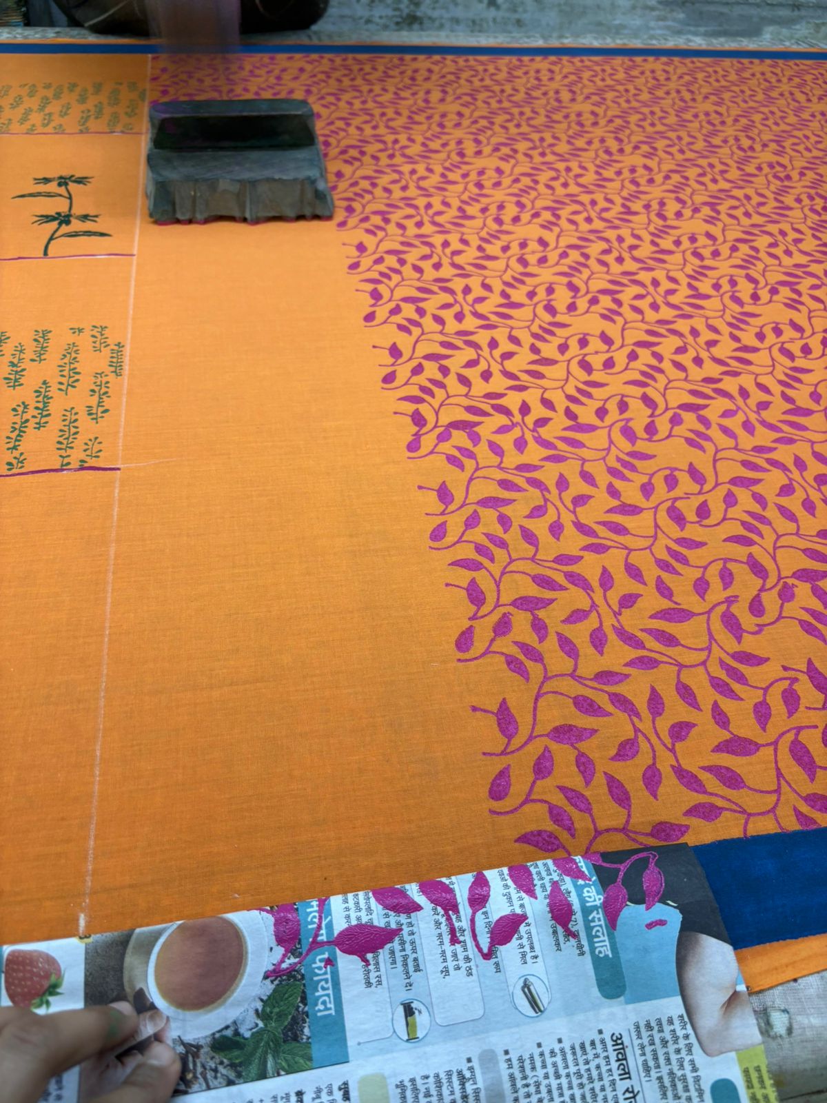Orange summer candy block printed mulmul saree