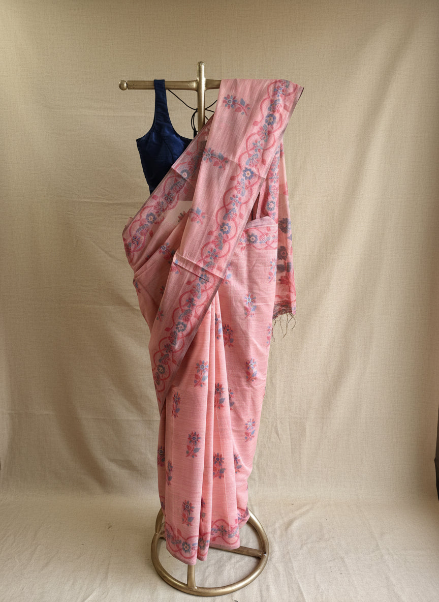 Peach chanderi cotton jamdani saree