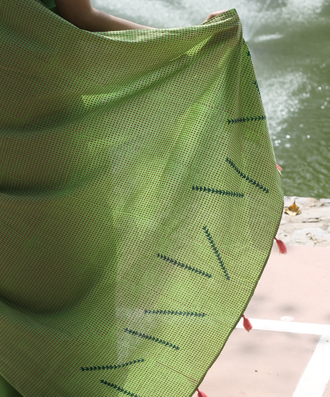 Green summer breeze block printed mulmul saree
