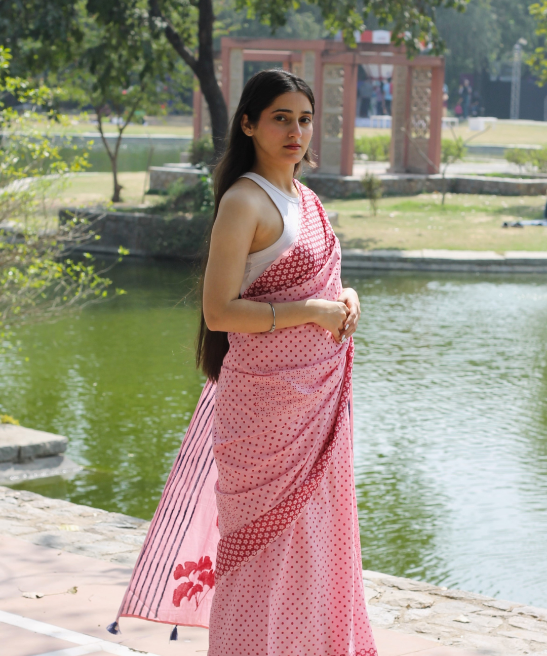Pink summer soul block printed mulmul saree