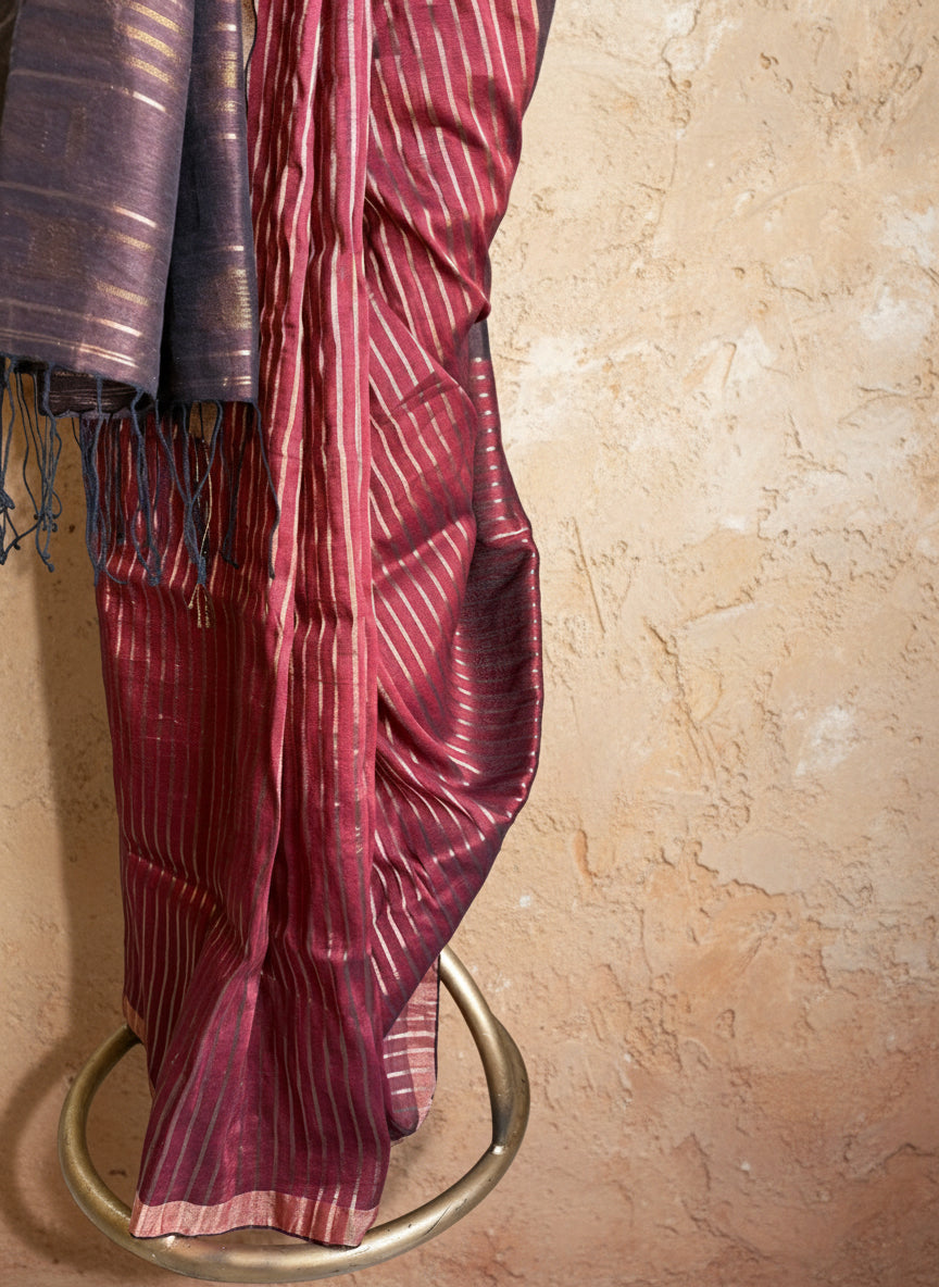 Maroon brown handwoven linen jamdani saree