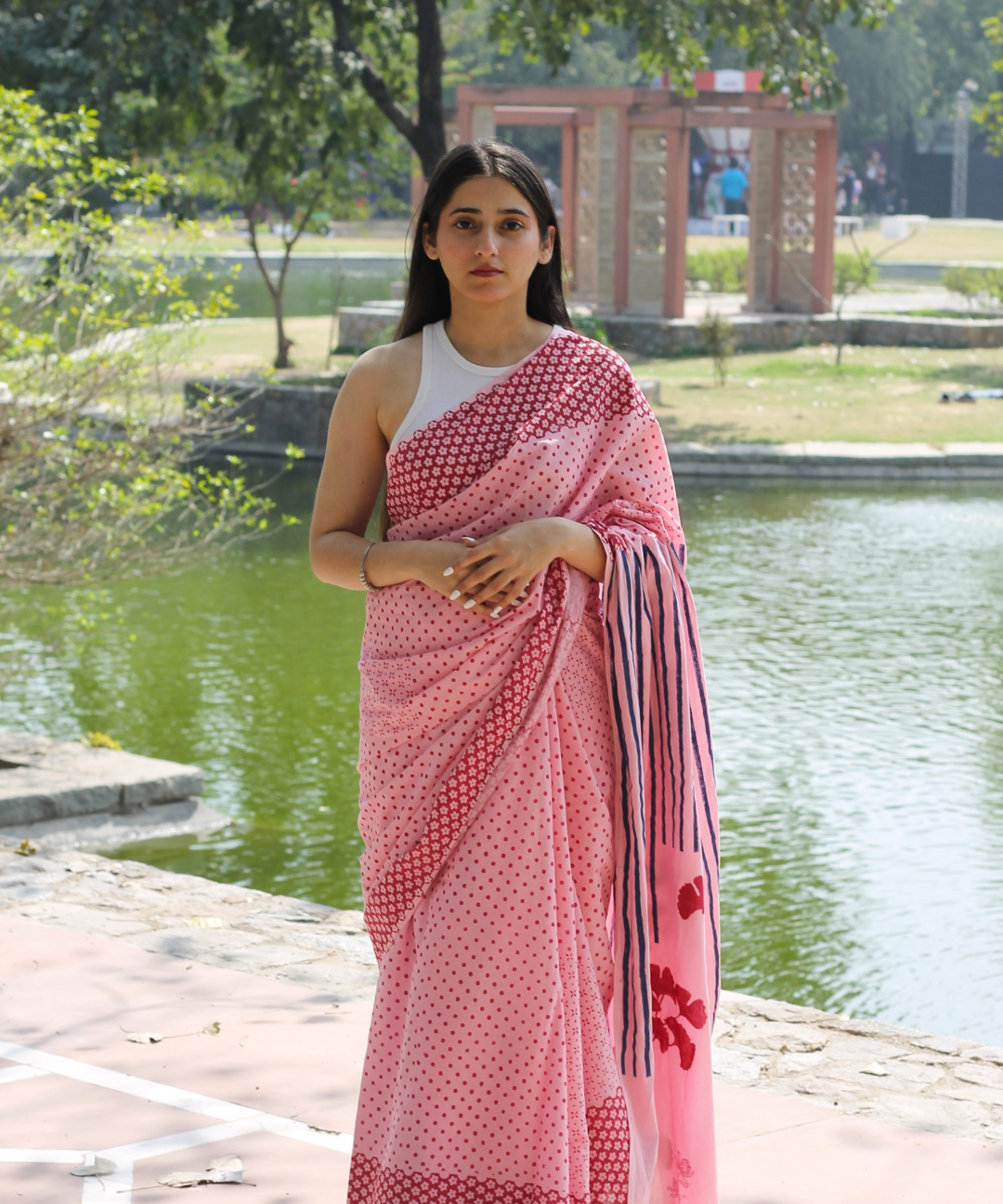 Pink summer soul block printed mulmul saree