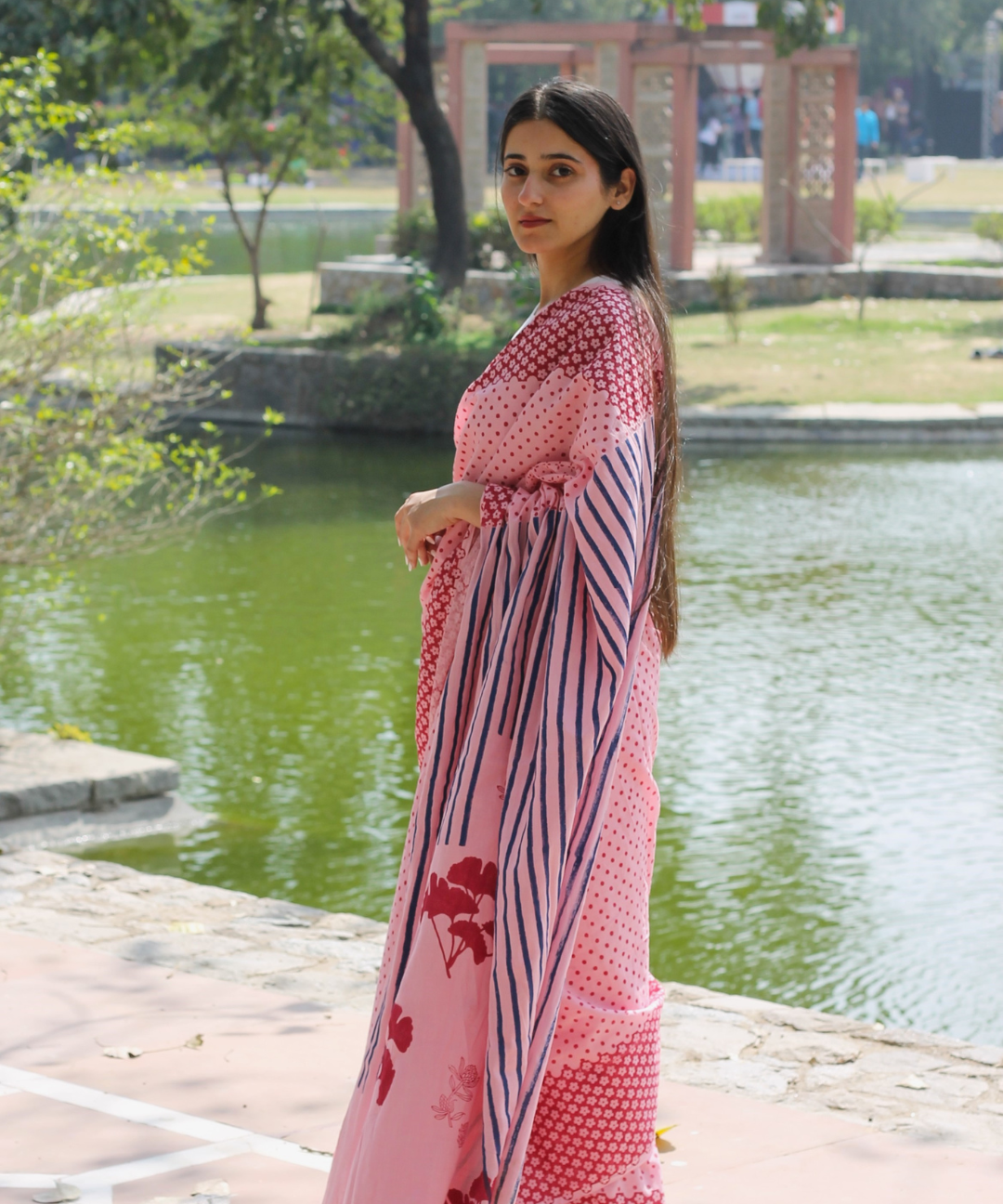 Pink summer soul block printed mulmul saree