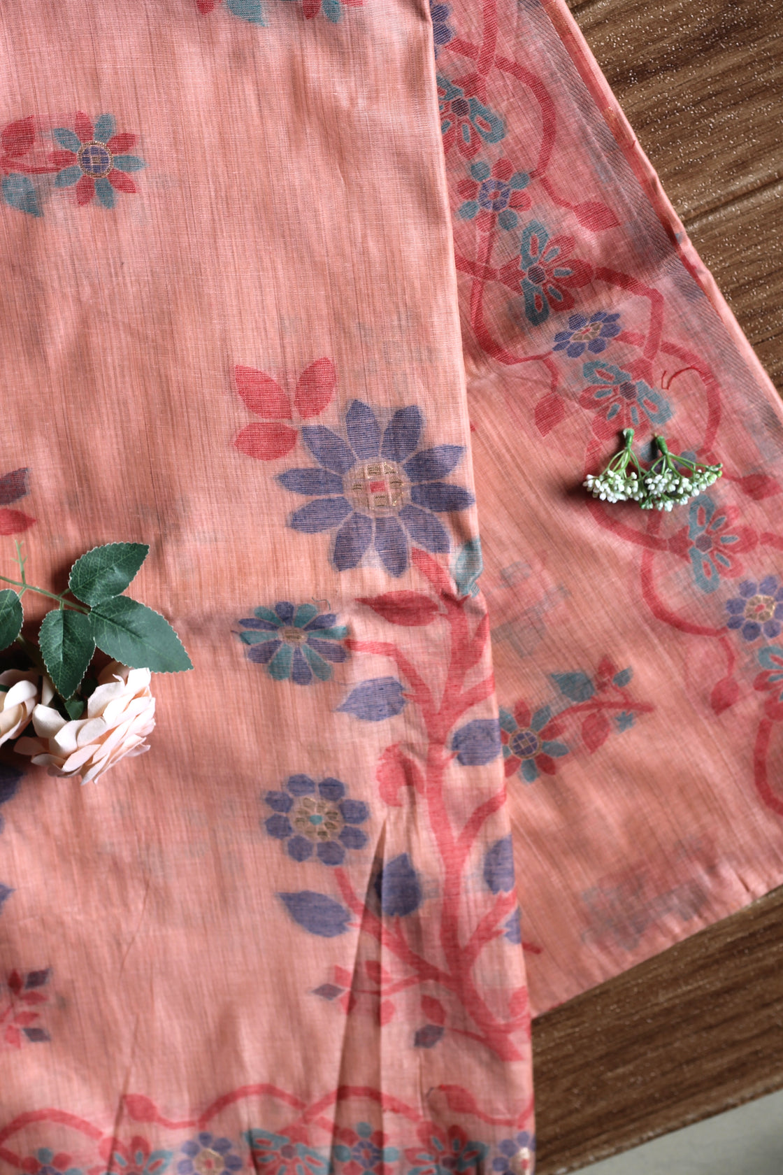 Peach chanderi cotton jamdani saree