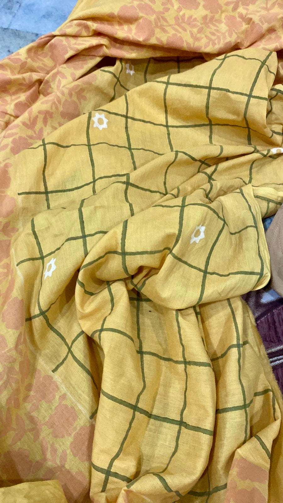 Mustard yellow cotton mulmul blockprinted saree
