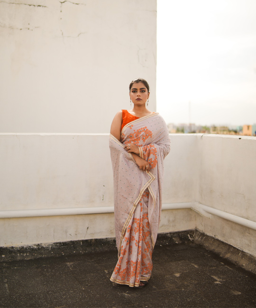 Orange blockprinted chanderi silk saree