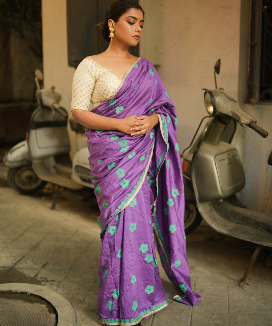 Purple blockprinted chanderi silk saree