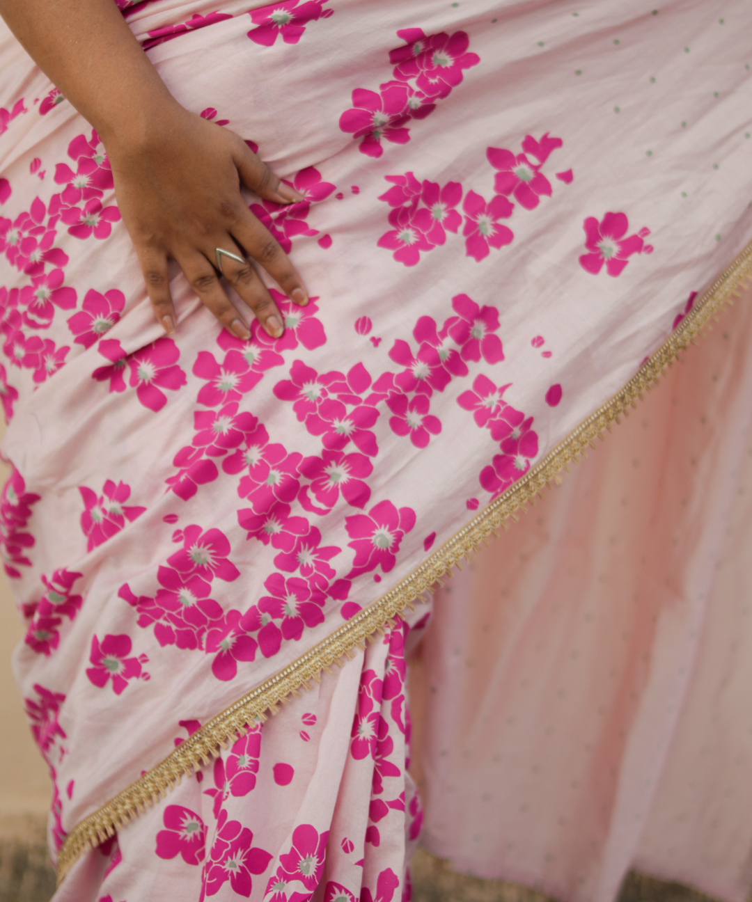 Pink blockprinted chanderi silk saree