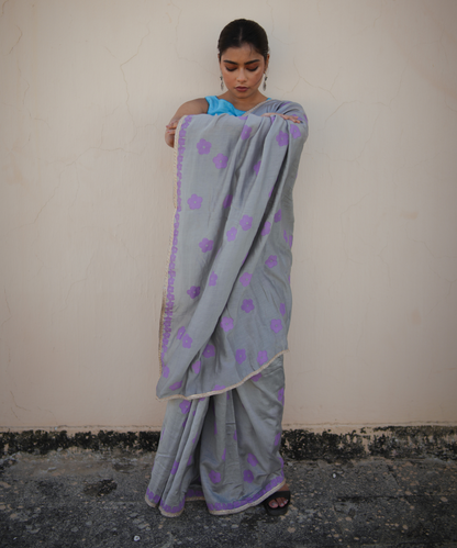 Grey blockprinted chanderi silk saree
