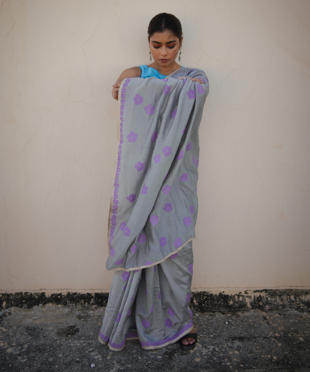 Grey blockprinted chanderi silk saree
