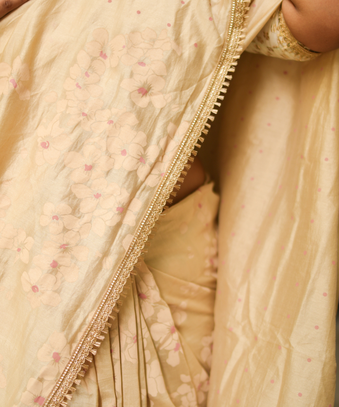 Beige blockprinted chanderi silk saree